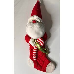 Vintage Nylon Santa Claus 3D Stocking Plush Christmas Candycane Bells Retro